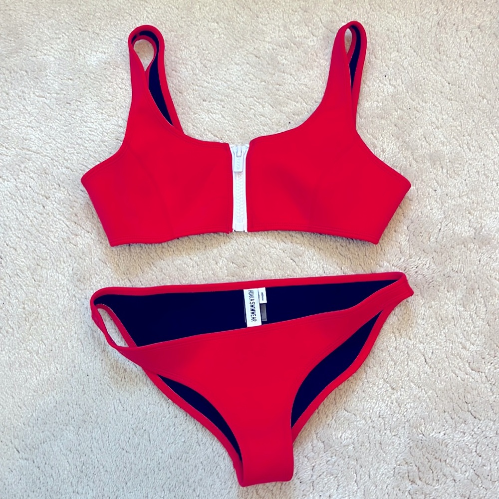 Hoaka Swimwear - Red zip up scuba bikini top and bottom